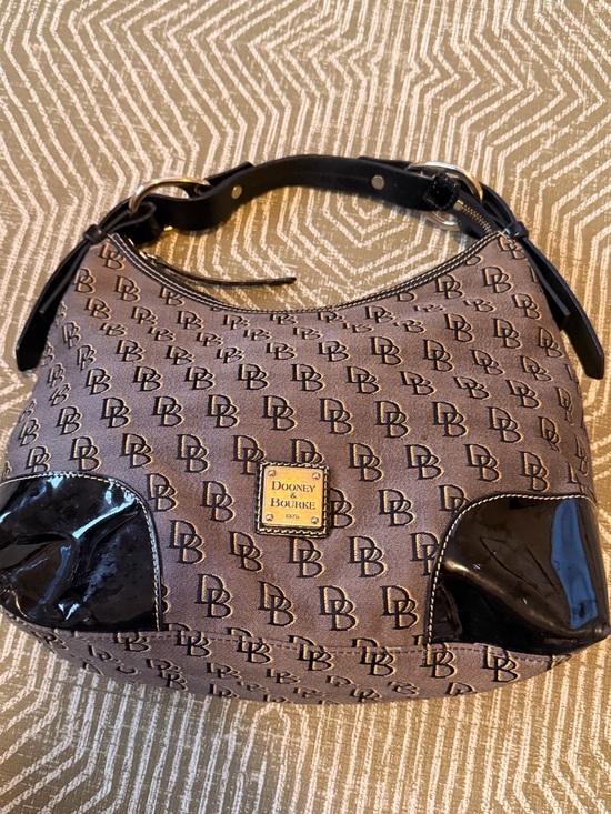 Dooney & Bourke Handbags - Dooney & Bourke Brown Logo-Print Shoulder Hobo with Black Patent Accents